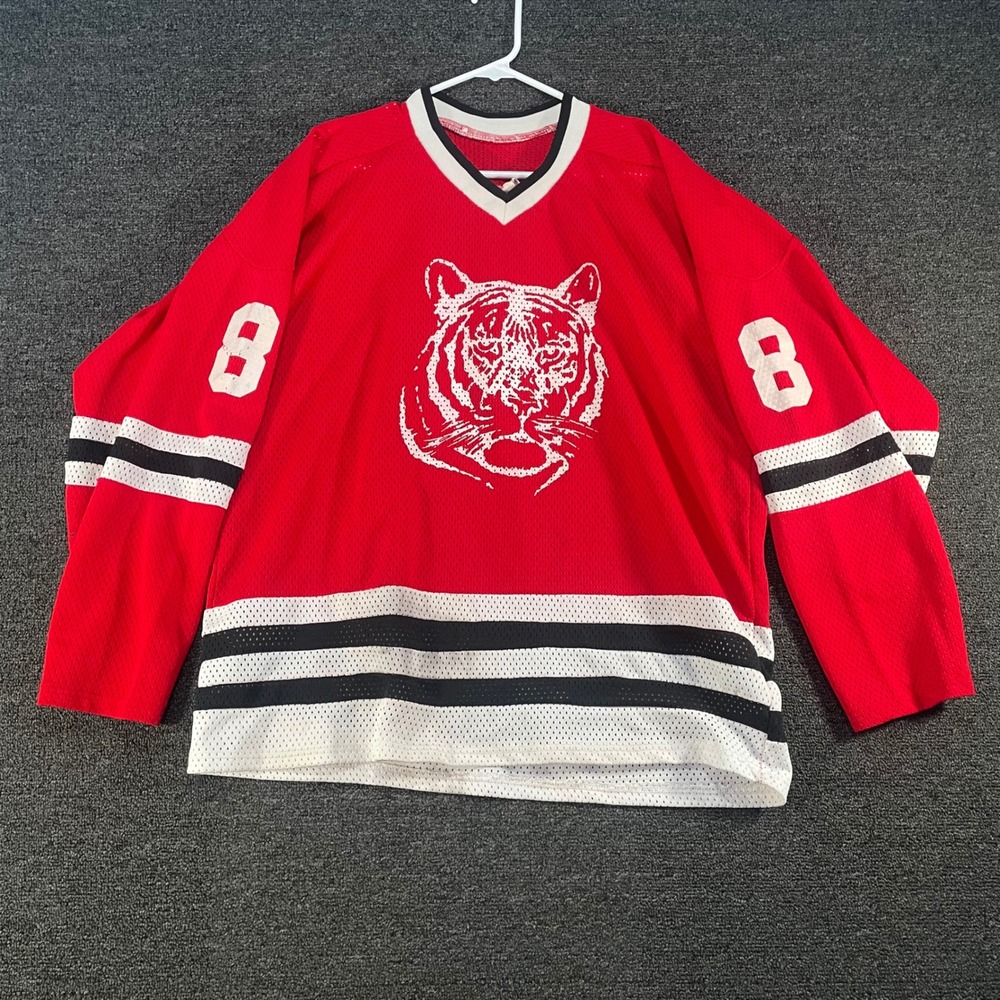 Cooper Hockey Jersey Mens Large Red Tiger Graphic #8 Vintage Canada Mesh Good